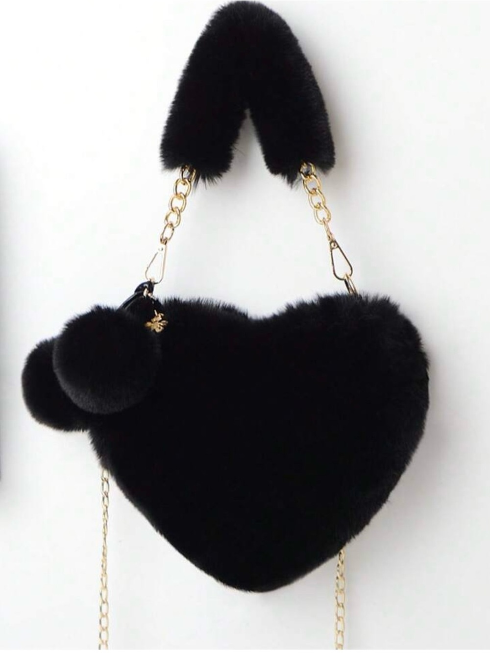 NWOT Black Faux Fur Heart Crossbody Bag with Pom Pom Detail